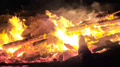 Enchanting Beach Bonfire: Close-Up Nighttime Flames on Wood Stock Footage 248969423