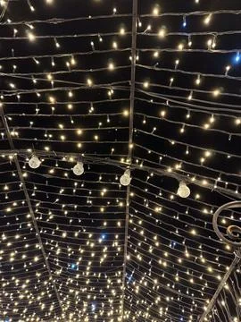 Enchanting canopy of twinkling string lights against open night sky capture.. Stock Photos