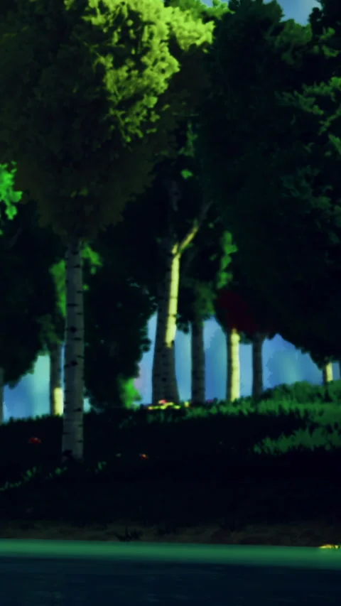 Enchanting forest scene under moonlight with vibrant greenery and calm waters Stock Footage 334256092