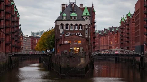 Enchanting Timelapse of Hamburg's Canals and Iconic Buildings Under Clouds Stock Footage 308169953