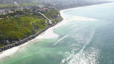 Encinitas - South Ponto Beach - Self-Realization Fellowship - Drone Video Stock Footage