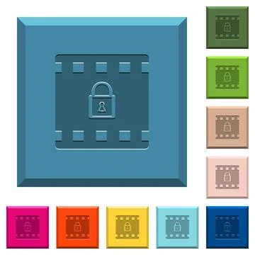 Encode movie engraved icons on edged square buttons Stock Illustration