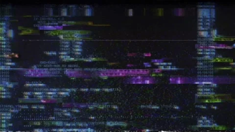 Encoding vhs glitches. A flickering blue texter moves across the black screen. Stock Footage 236080541