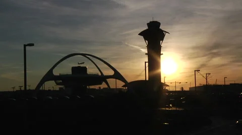 Encounter and Tower at LAX at Sunset Stock Footage 1021921