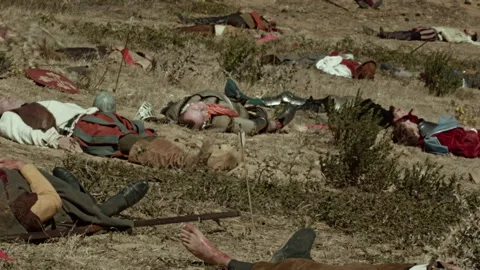 Encounter with fallen warriors in a desolate land at sunset Stock Footage 327944155