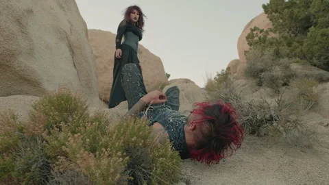 An encounter of punk-style guy and gothic-style girl in a rocky valley. 스톡 동영상 293274576