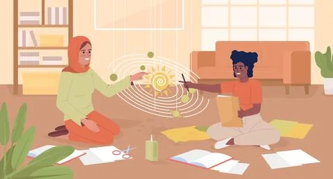Encouraging child to study astronomy flat color vector illustration 스톡 일러스트