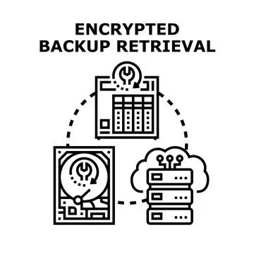 Encrypted backup retrieval process recovering digital data Stock Illustration