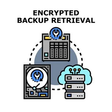 Encrypted backup retrieval process recovering digital data Stock Illustration