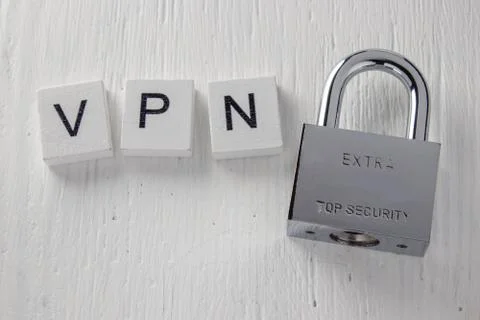 Encrypted communication using VPN. Lock, letters on white background. Fotos Stock