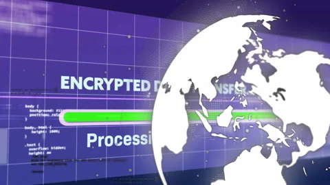 Encrypted data processing animation over digital globe and code background Stock Footage 303430757