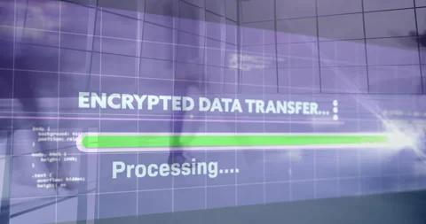Encrypted data transfer and processing animation over people walking in office Stock Footage 304865952