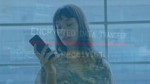 Encrypted data transfer and receiving animation over woman using smartphone Stock Footage 310820449