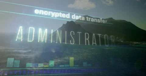 Encrypted data transfer animation over scenic coastal landscape with mountains Stock Footage 303422891