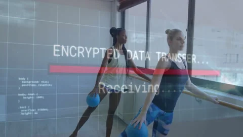 Encrypted data transfer animation over women exercising with fitness balls in Stock Footage 303684882