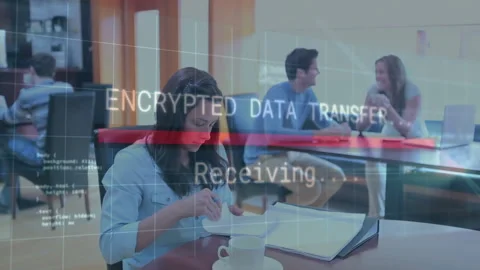 Encrypted data transfer animation over people working and discussing in office Stock Footage 303685194