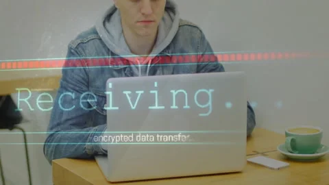 Encrypted data transfer animation over person using laptop in cafe Stock Footage 303685204