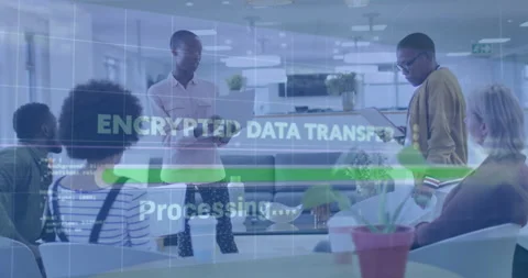 Encrypted data transfer animation over diverse team collaborating in modern Stock Footage 303839571