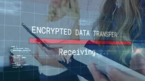 Encrypted data transfer animation over people using smartphones in office Stock Footage 303841741