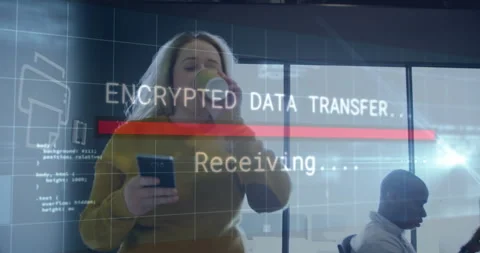 Encrypted data transfer animation over people working in modern office setting Stock Footage 304015619