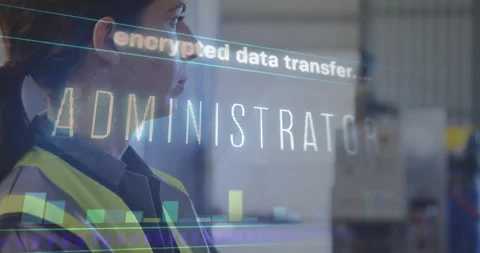 Encrypted data transfer animation over businesswoman in industrial setting Stock Footage 305292101