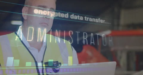 Encrypted data transfer animation over man in high-visibility vest using laptop Stock Footage 305292256