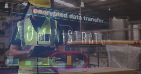 Encrypted data transfer animation over worker using tablet in industrial Stock Footage 305292316