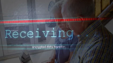 Encrypted data transfer animation over elderly couple using laptop Stock Footage 305893498