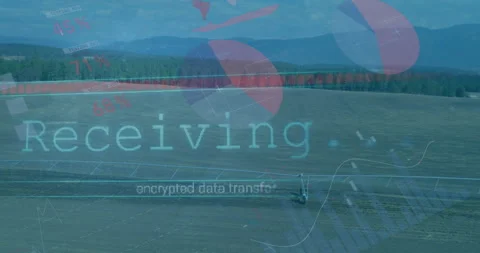 Encrypted data transfer animation over landscape with pie charts and graphs Stock Footage 306191482