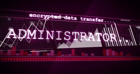 Encrypted data transfer appearing, ADMINISTRATOR sliding in, animating charts, Stock Footage 329700694