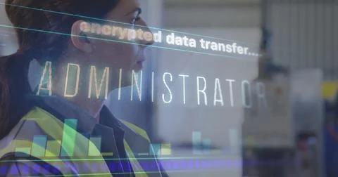 Encrypted data transfer image over businesswoman in industrial setting 写真素材