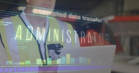 Encrypted data transfer image over man in high-visibility vest using laptop 写真素材