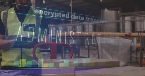 Encrypted data transfer image over worker using tablet in industrial warehouse 写真素材
