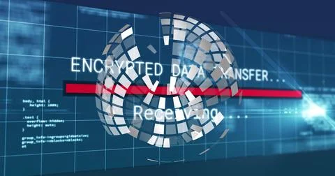 Encrypted data transfer image over rotating globe and digital grid Stock Photos
