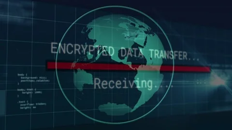 ENCRYPTED DATA TRANSFER overlay sliding in starting red bar moving over rotating Stock Footage 330002613
