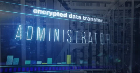 Encrypted data transfer text animation over server racks in data center Stock Footage 303430834