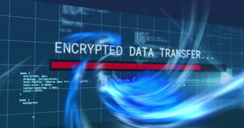 Encrypted data transfer text animation over digital code and blue swirling Stock Footage 305725927