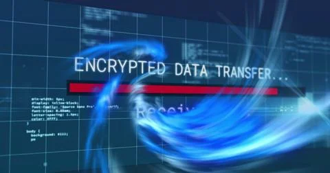 Encrypted data transfer text image over digital code and blue swirling graphics 写真素材