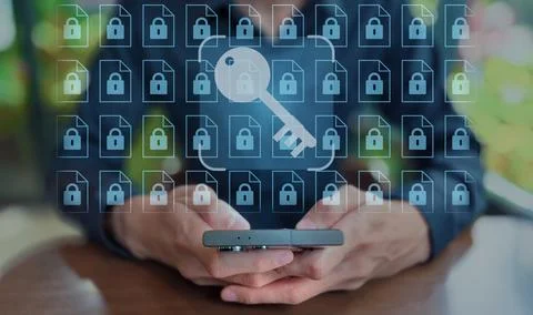 Encrypted Document Access with Smartphone and Padlock Icons Stock Photos