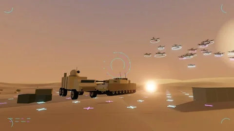 Encrypted drone mesh network coordinates a drone strike over a desert c 스톡 동영상 342908423