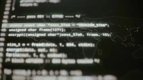 Encrypted session frame code overlays dark regional map Video stock 347055910