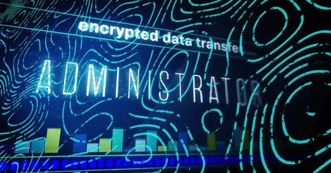 Encrypted transfer initiating on security UI, ADMINISTRATOR label glowing as Stock Illustration