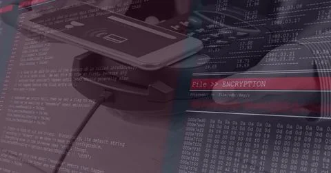 Encrypting USB flash drive connected to docking hub by cable on office desk, Stock Photos
