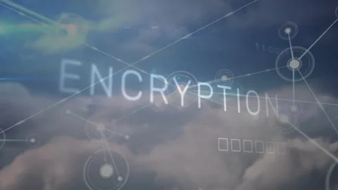 Encryption floating over cloudy sky, showing glowing node icons connecting Video stock 307857563
