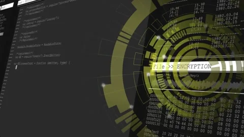 Encryption interface appearing sparking code scrolling, hex streaming, rotating Stock Footage 317183901
