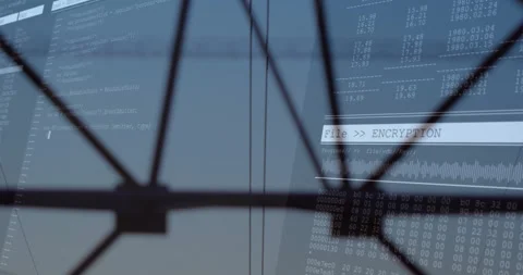 Encryption interface panel displaying code snippets on steel frame and sky Stock Footage 307429954