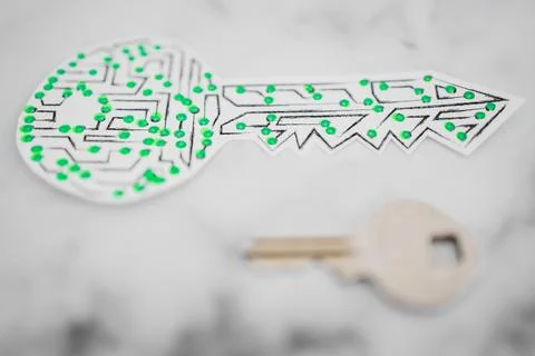 Encryption key icon made of circuits and LED lights next to old metal key Foto stock