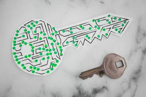 Encryption key icon made of circuits and LED lights next to old metal key Foto stock