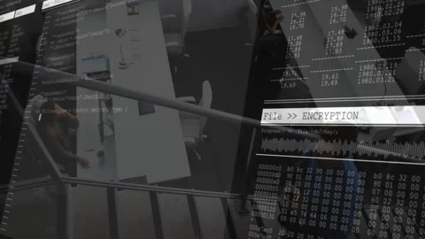 Encryption process animation over office setting with visible computer code Stock Footage 303840244