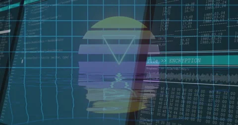 Encryption process being animated on glowing grid, with neon layered symbol, Stock Footage 307428844